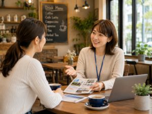 カフェで会話する女性